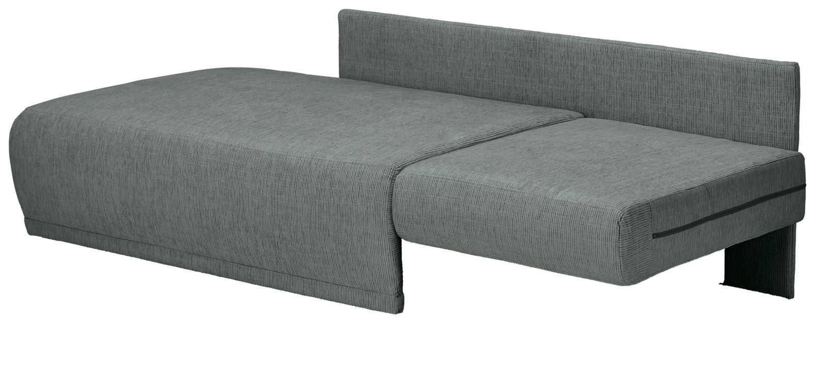 Graue Recamiere in seitlicher Perspektive mit schlichtem Design und geraden Linien.