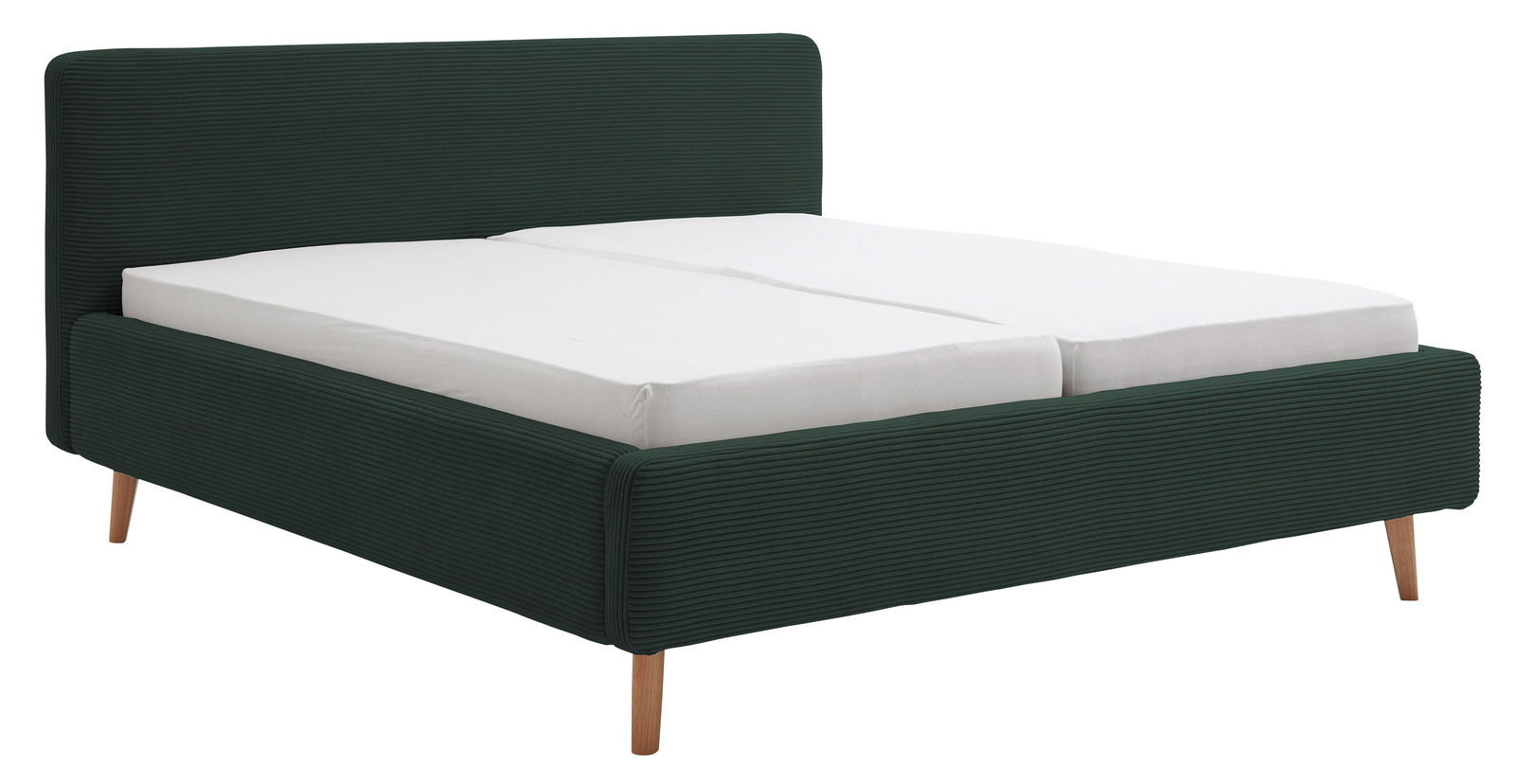 Polsterbett in dunklem Grün mit Holzfüßen, seitliche Perspektive