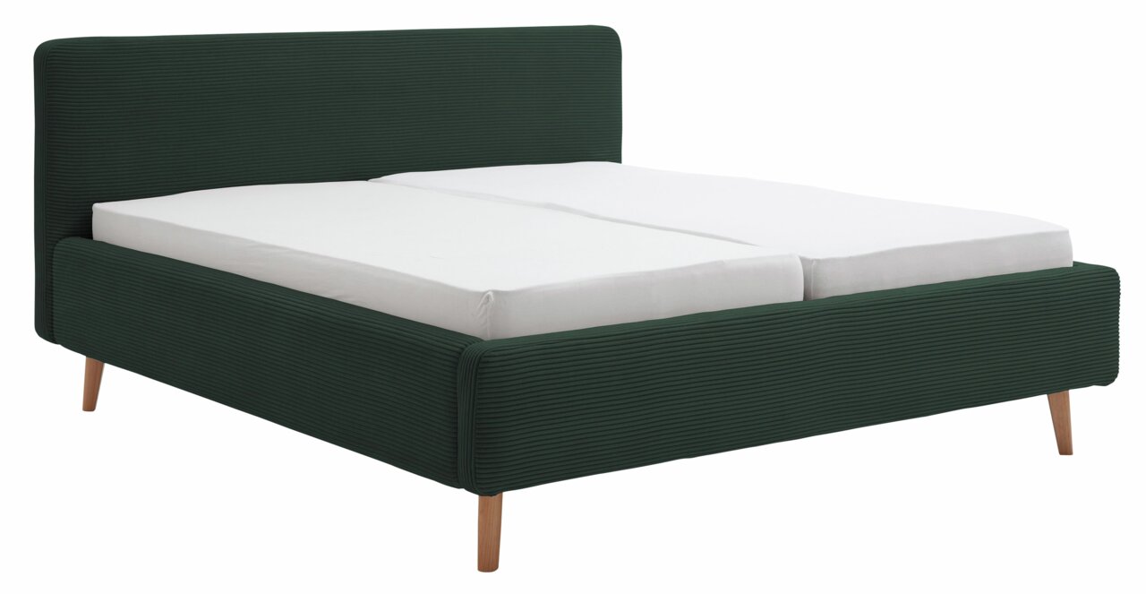 XORA Polsterbett MATTIS Polsterbett in dunklem Grün mit Holzfüßen, seitliche Perspektive