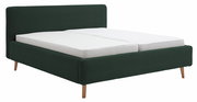 Polsterbett in dunklem Grün mit Holzfüßen, seitliche Perspektive