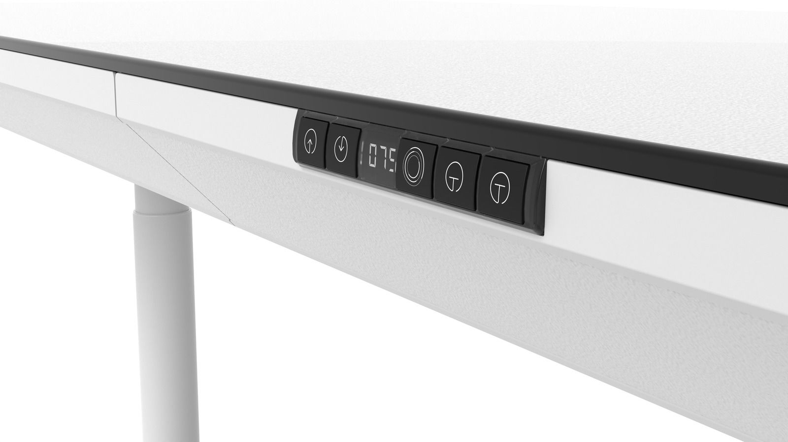 Nahaufnahme eines weißen E-Schreibtischs mit Bedienelementen an der Vorderkante, seitliche Perspektive