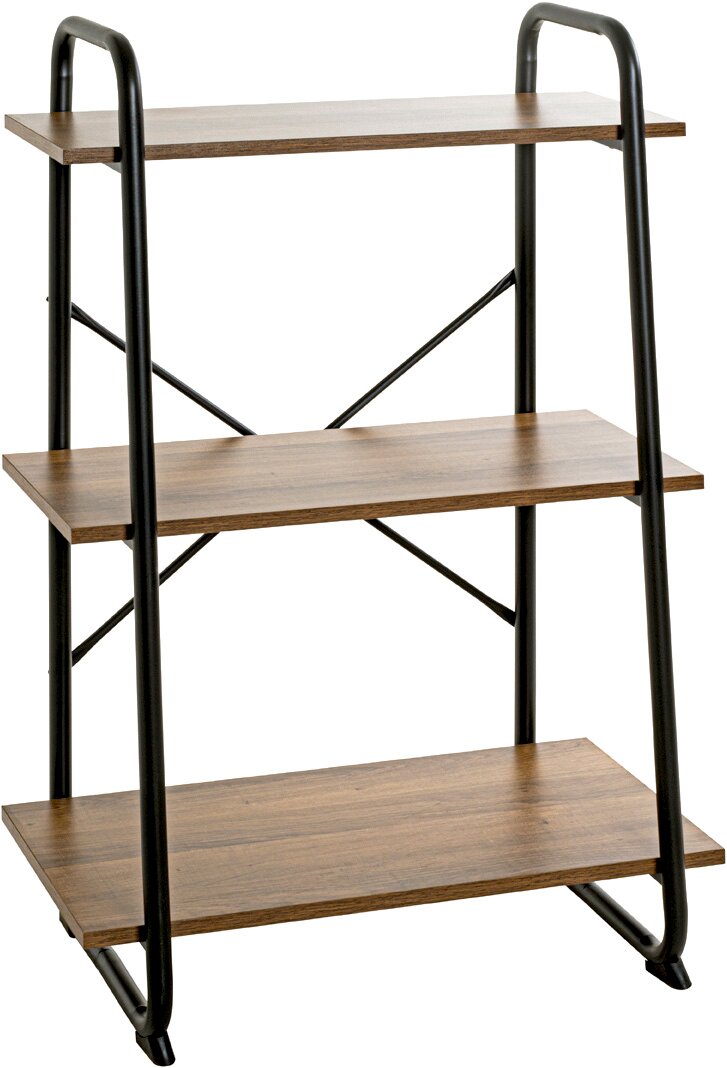 Dreistufiges Standregal mit drei braunen Holzablagen und schwarzem Metallrahmen im Industrial-Design, freigestellt vor weißem Hintergrund, Perspektive: frontale Ansicht leicht von oben