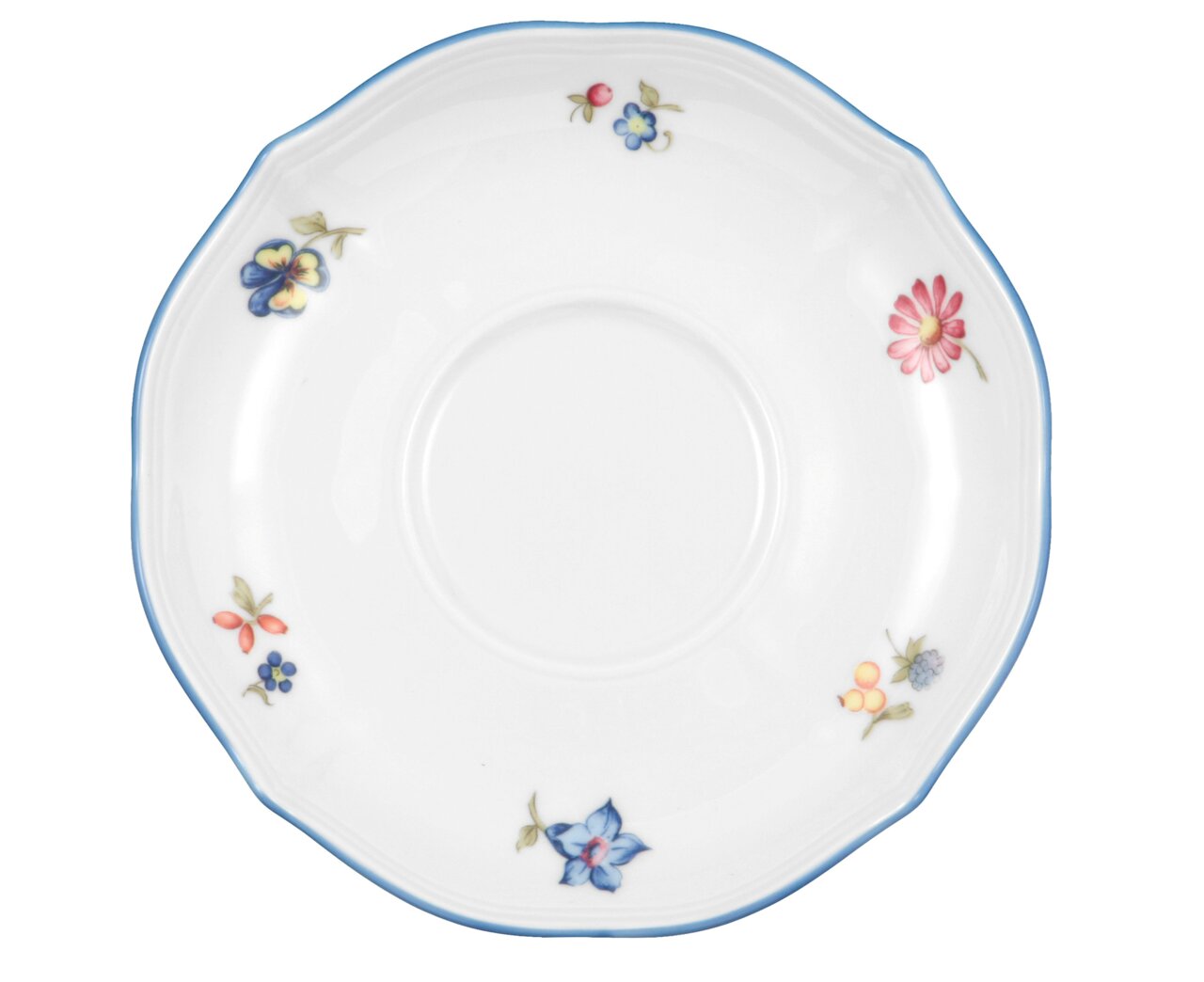 Porseleinen schoteltje met bloemmotief en blauwe rand, bovenaanzicht