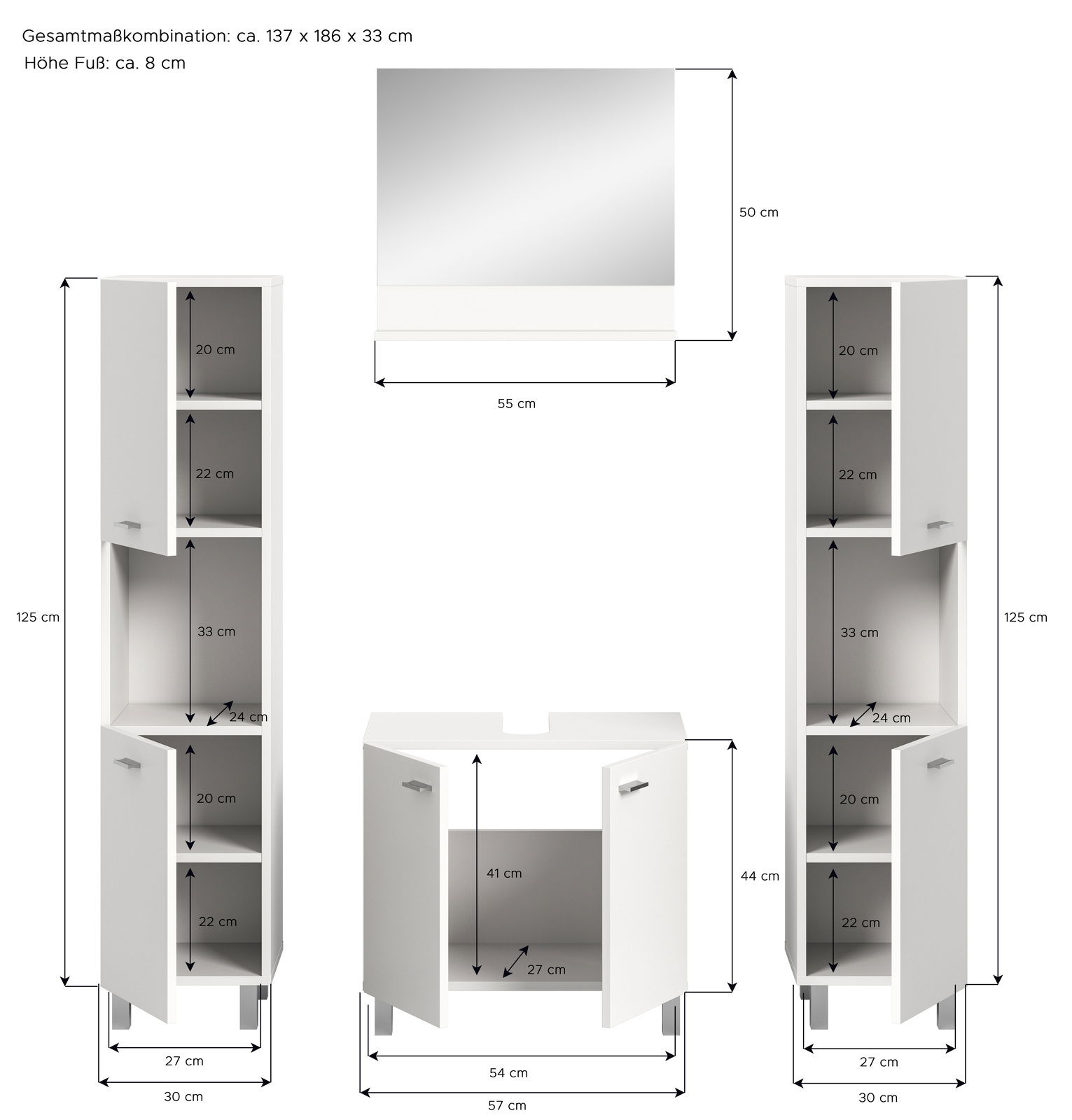 Badkombination BOSTON bestehend aus einem Spiegel, zwei hohen Schränken und einem Unterschrank, frontal abgebildet. Gesamtmaße: 137 x 186 x 33 cm.
