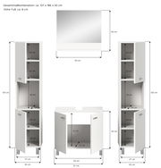 Badkombination BOSTON bestehend aus einem Spiegel, zwei hohen Schränken und einem Unterschrank, frontal abgebildet. Gesamtmaße: 137 x 186 x 33 cm.