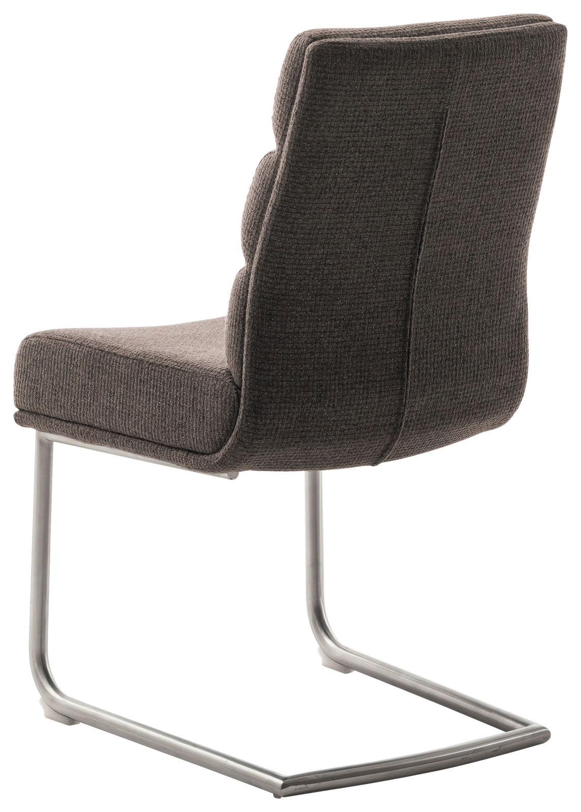 Rückansicht eines Freischwinger-Stuhls mit grauem Stoffbezug und Metallgestell.