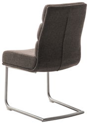 Rückansicht eines Freischwinger-Stuhls mit grauem Stoffbezug und Metallgestell.