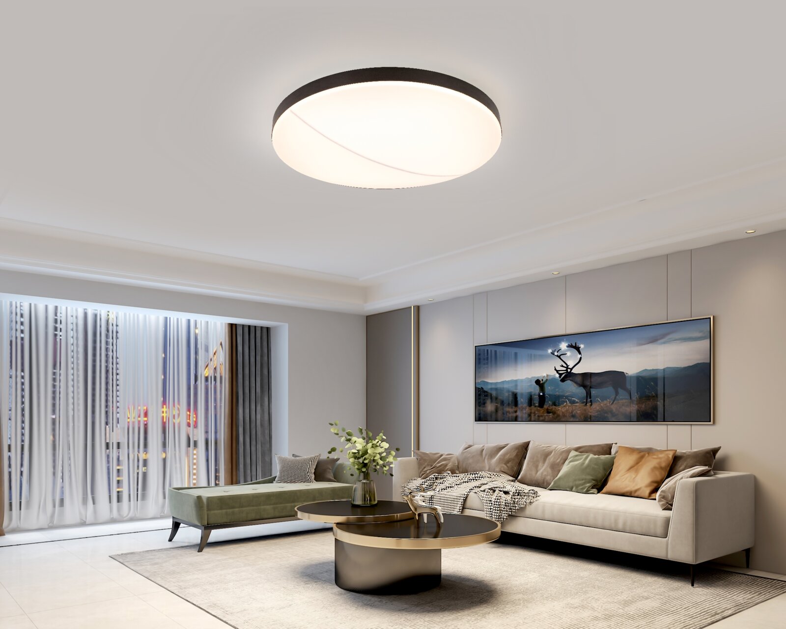 Novel LED-Deckenleuchte Moderne LED-Deckenleuchte in einem stilvollen Wohnzimmer, von unten betrachtet.