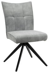 Grauer Stuhl mit gepolsterter Rückenlehne und schwarzem Metallgestell, seitliche Perspektive