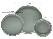 Draufsicht auf drei grüne Teller in verschiedenen Größen: 27 cm, 20,5 cm und 16 cm.