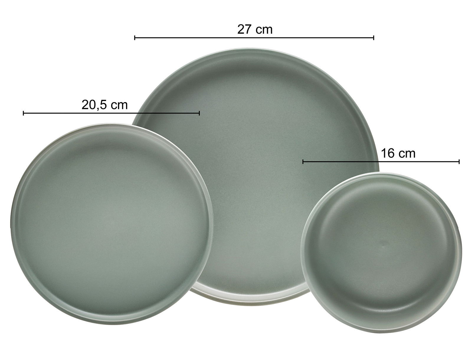 Draufsicht auf drei grüne Teller in verschiedenen Größen: 27 cm, 20,5 cm und 16 cm.
