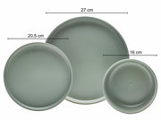 Draufsicht auf drei grüne Teller in verschiedenen Größen: 27 cm, 20,5 cm und 16 cm.
