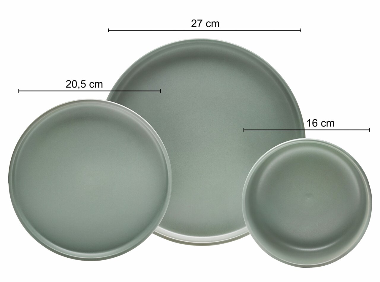Draufsicht auf drei grüne Teller in verschiedenen Größen: 27 cm, 20,5 cm und 16 cm.