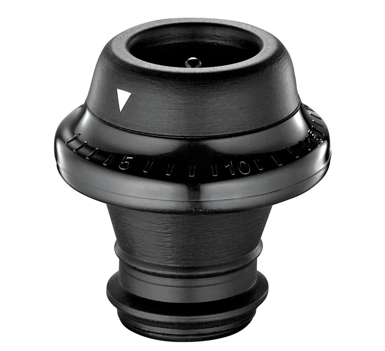 Schwarze Weinpumpe CAMPANIA aus Kunststoff, seitliche Perspektive mit Skala und Pfeil.