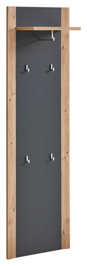 Schmales Garderobenpaneel mit Holzrahmen und dunkler Rückwand, ausgestattet mit mehreren Haken und einer Ablage, seitliche Perspektive.