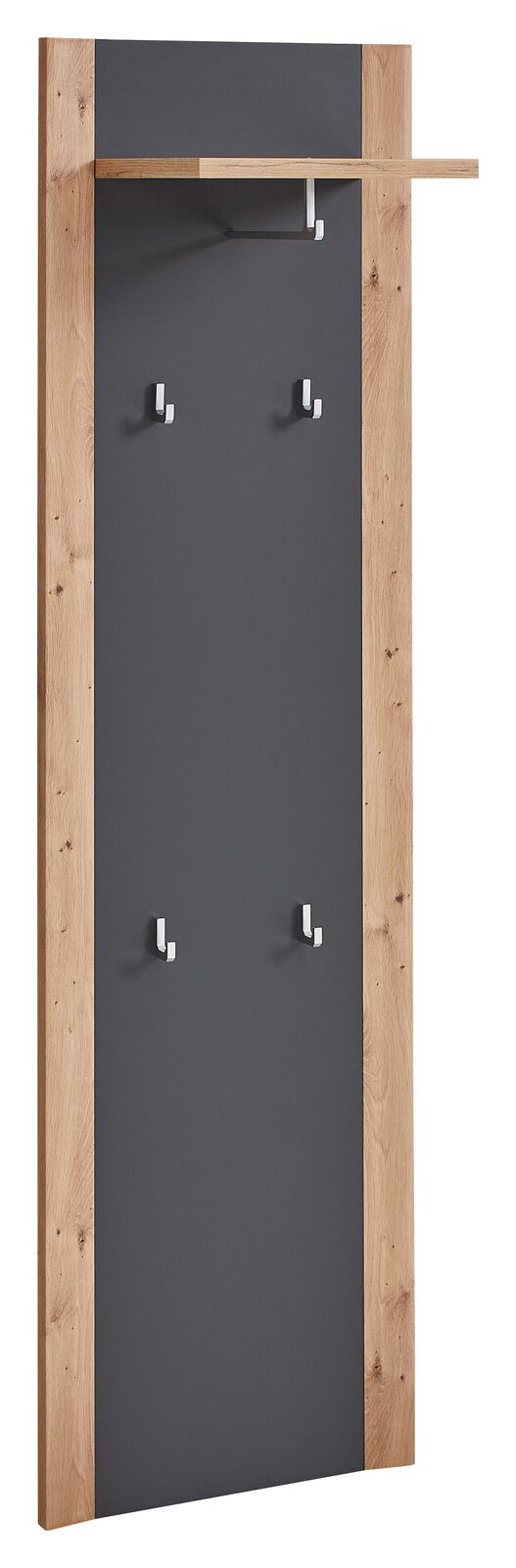 Schmales Garderobenpaneel mit Holzrahmen und dunkler Rückwand, ausgestattet mit mehreren Haken und einer Ablage, seitliche Perspektive.