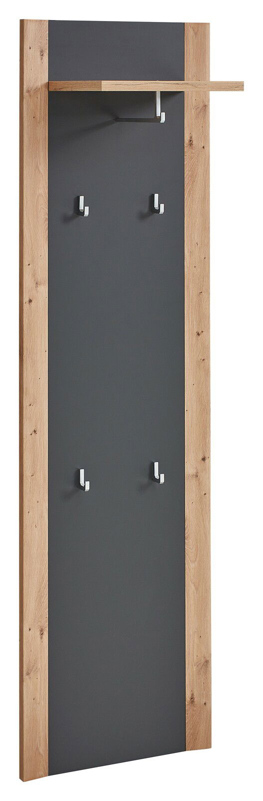 Schmales Garderobenpaneel mit Holzrahmen und dunkler Rückwand, ausgestattet mit mehreren Haken und einer Ablage, seitliche Perspektive.