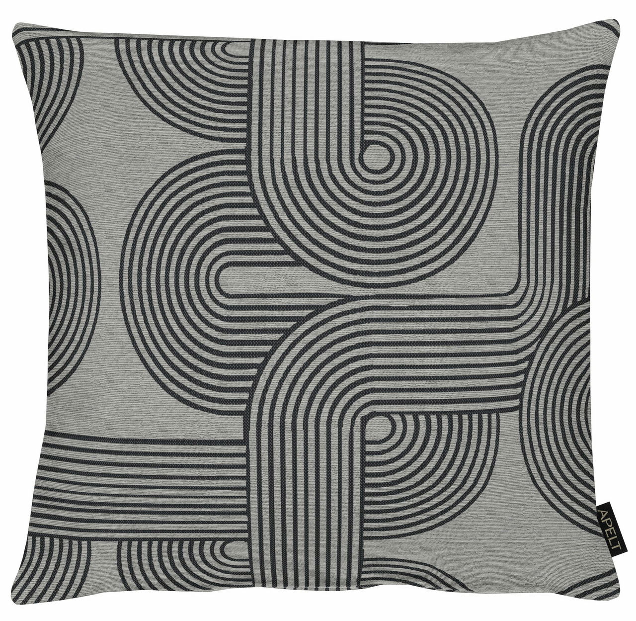 Graue Kissenhülle mit schwarzem, geometrischem Muster in Vorderansicht