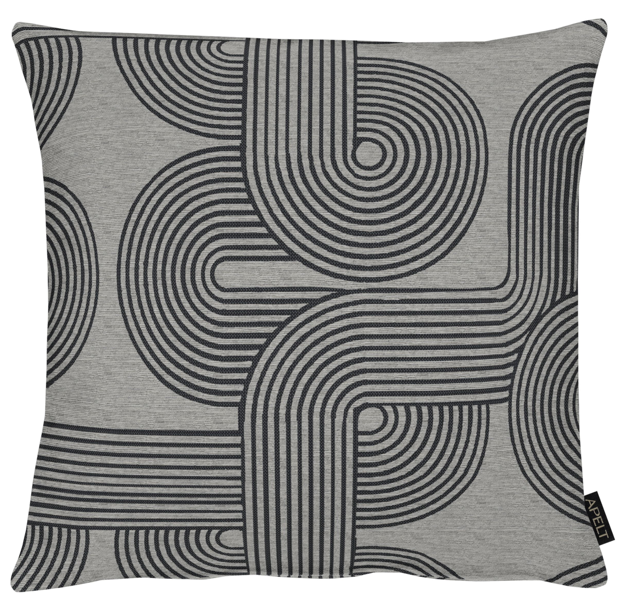 Graue Kissenhülle mit schwarzem, geometrischem Muster in Vorderansicht