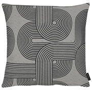 Graue Kissenhülle mit schwarzem, geometrischem Muster in Vorderansicht