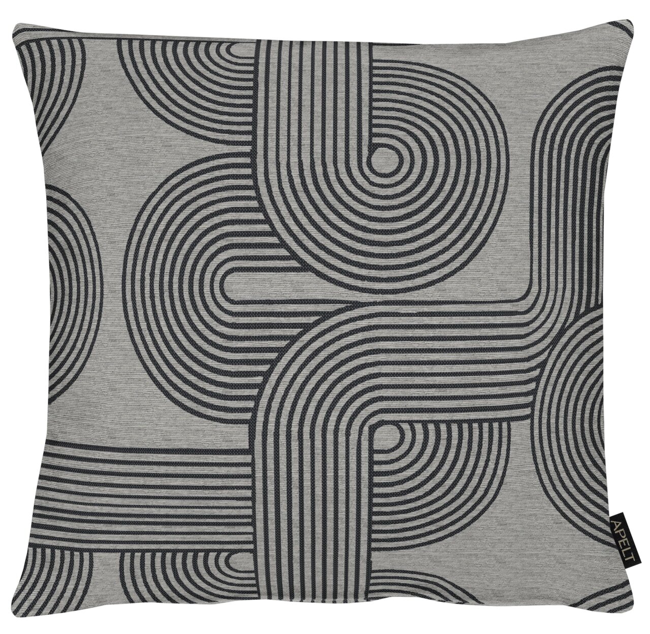 Graue Kissenhülle mit schwarzem, geometrischem Muster in Vorderansicht