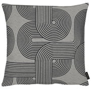 Graue Kissenhülle mit schwarzem, geometrischem Muster in Vorderansicht