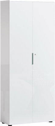 Hoher, weißer Aktenschrank mit zwei Türen und einem modernen Griff, seitliche Perspektive