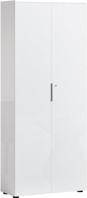 Hoher, weißer Aktenschrank mit zwei Türen und einem modernen Griff, seitliche Perspektive