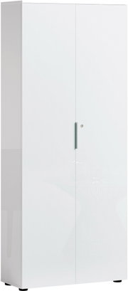 Hoher, weißer Aktenschrank mit zwei Türen und einem modernen Griff, seitliche Perspektive