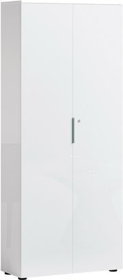 Hoher, weißer Aktenschrank mit zwei Türen und einem modernen Griff, seitliche Perspektive