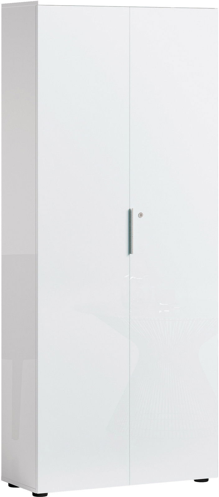 Hoher, weißer Aktenschrank mit zwei Türen und einem modernen Griff, seitliche Perspektive