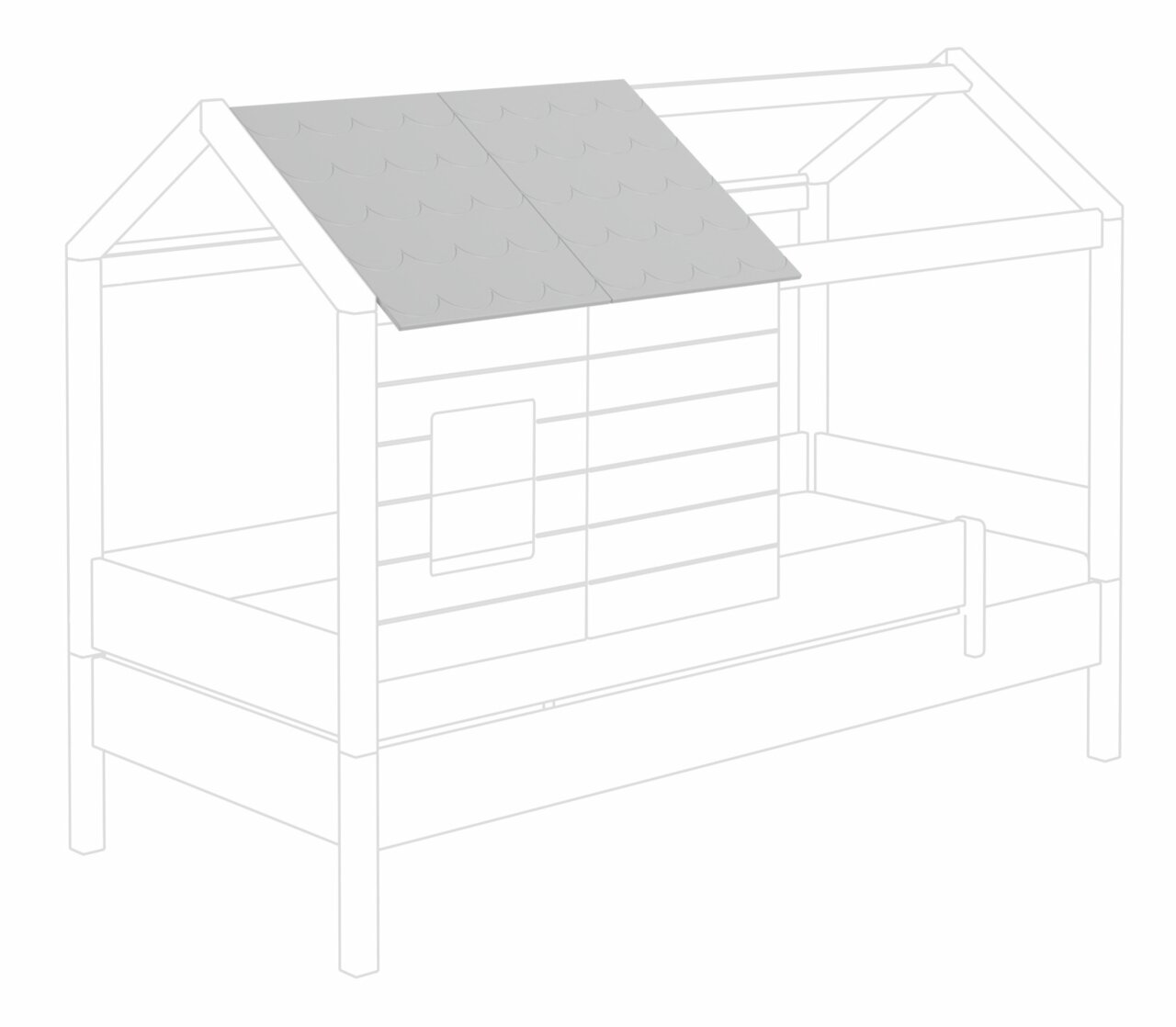 Dachschindel-Set auf einem Kinderbettgestell, seitliche Perspektive
