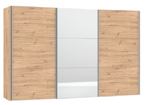 Moderne schuifdeurkast met houtlook panelen en centrale witte/glazen deur met horizontale lijnen, vooraanzicht