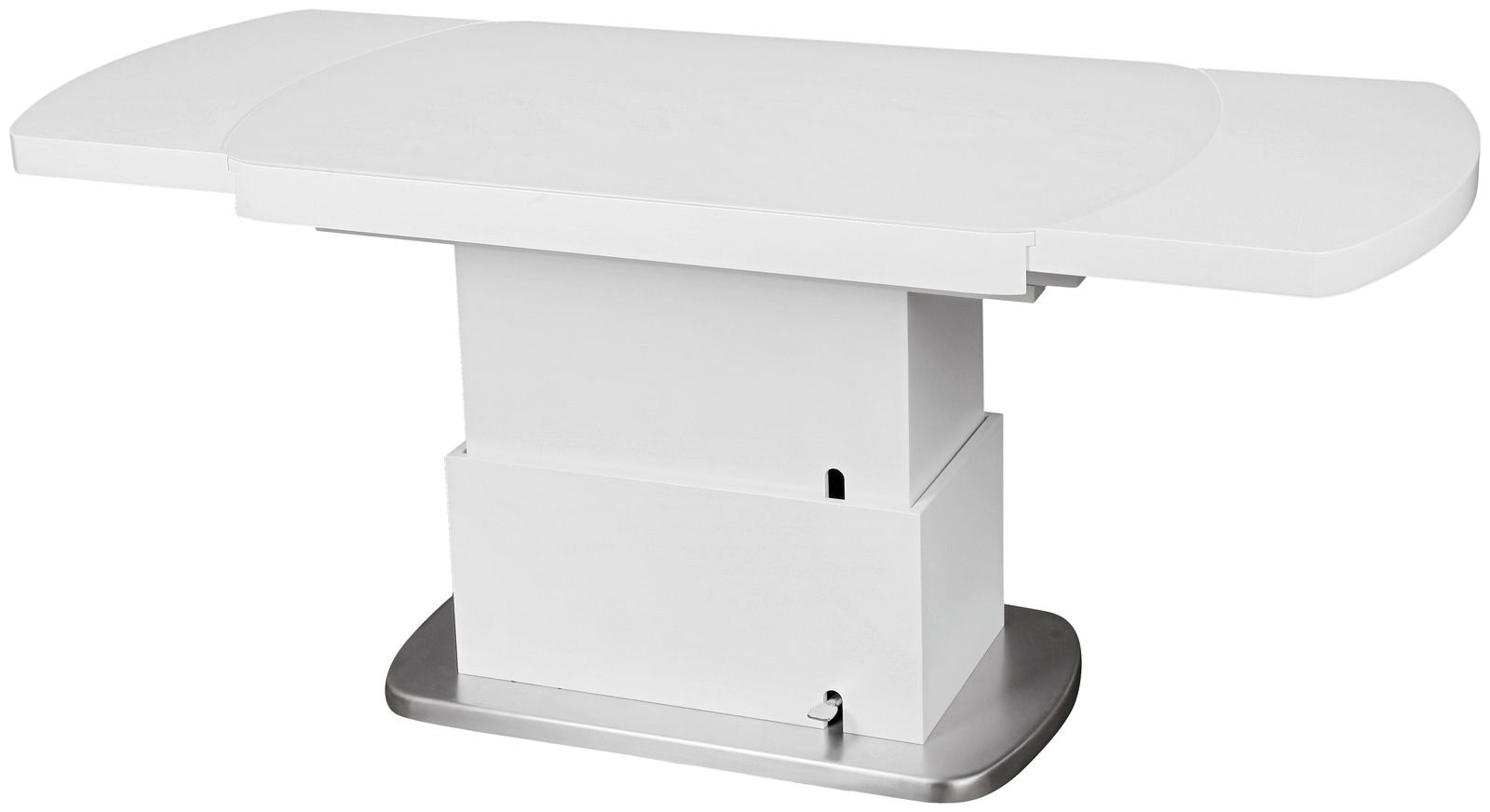 Moderner weißer Couchtisch mit ausziehbarer Tischplatte, seitliche Perspektive
