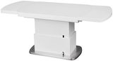 Moderner weißer Couchtisch mit ausziehbarer Tischplatte, seitliche Perspektive