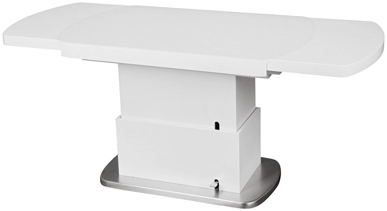 Moderner weißer Couchtisch mit ausziehbarer Tischplatte, seitliche Perspektive