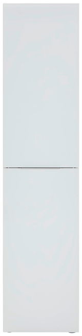 Frontansicht eines schmalen, weißen Mehrzweckschranks mit zwei Türen.