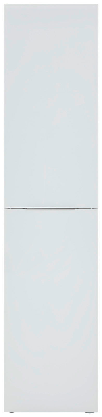 Frontansicht eines schmalen, weißen Mehrzweckschranks mit zwei Türen.