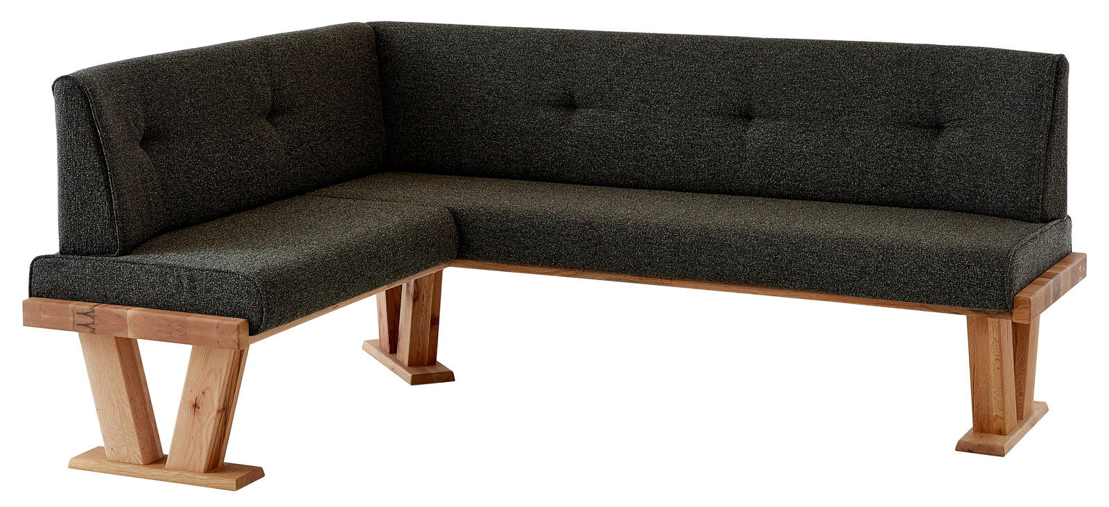 Eckbank mit dunkelgrauem Stoffbezug und Holzgestell, seitliche Perspektive