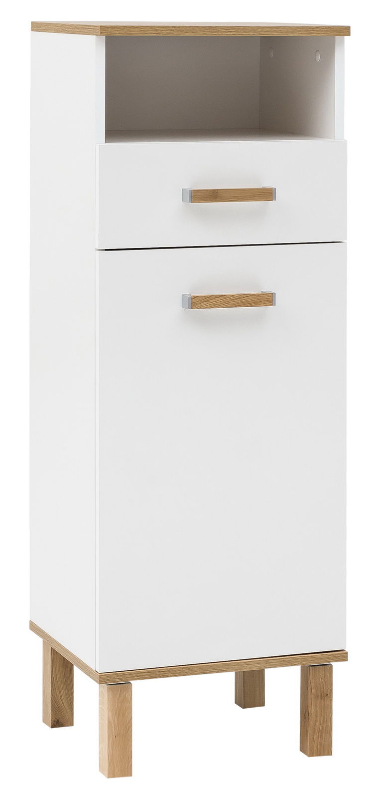 Weißes Highboard mit Holzdetails, Schublade und offenem Fach, frontal betrachtet