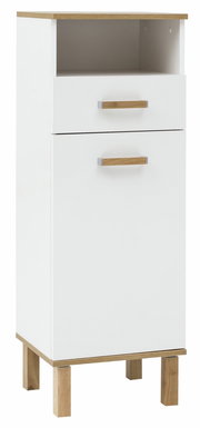 Weißes Highboard mit Holzdetails, Schublade und offenem Fach, frontal betrachtet