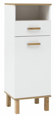 Weißes Highboard mit Holzdetails, Schublade und offenem Fach, frontal betrachtet