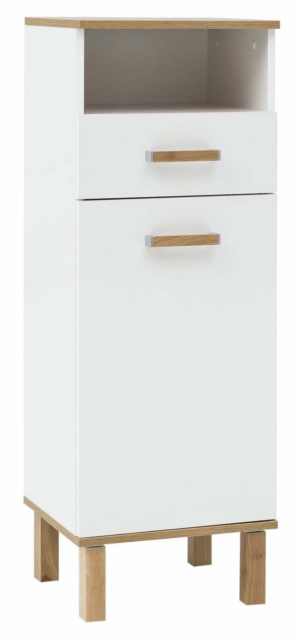 Weißes Highboard mit Holzdetails, Schublade und offenem Fach, frontal betrachtet