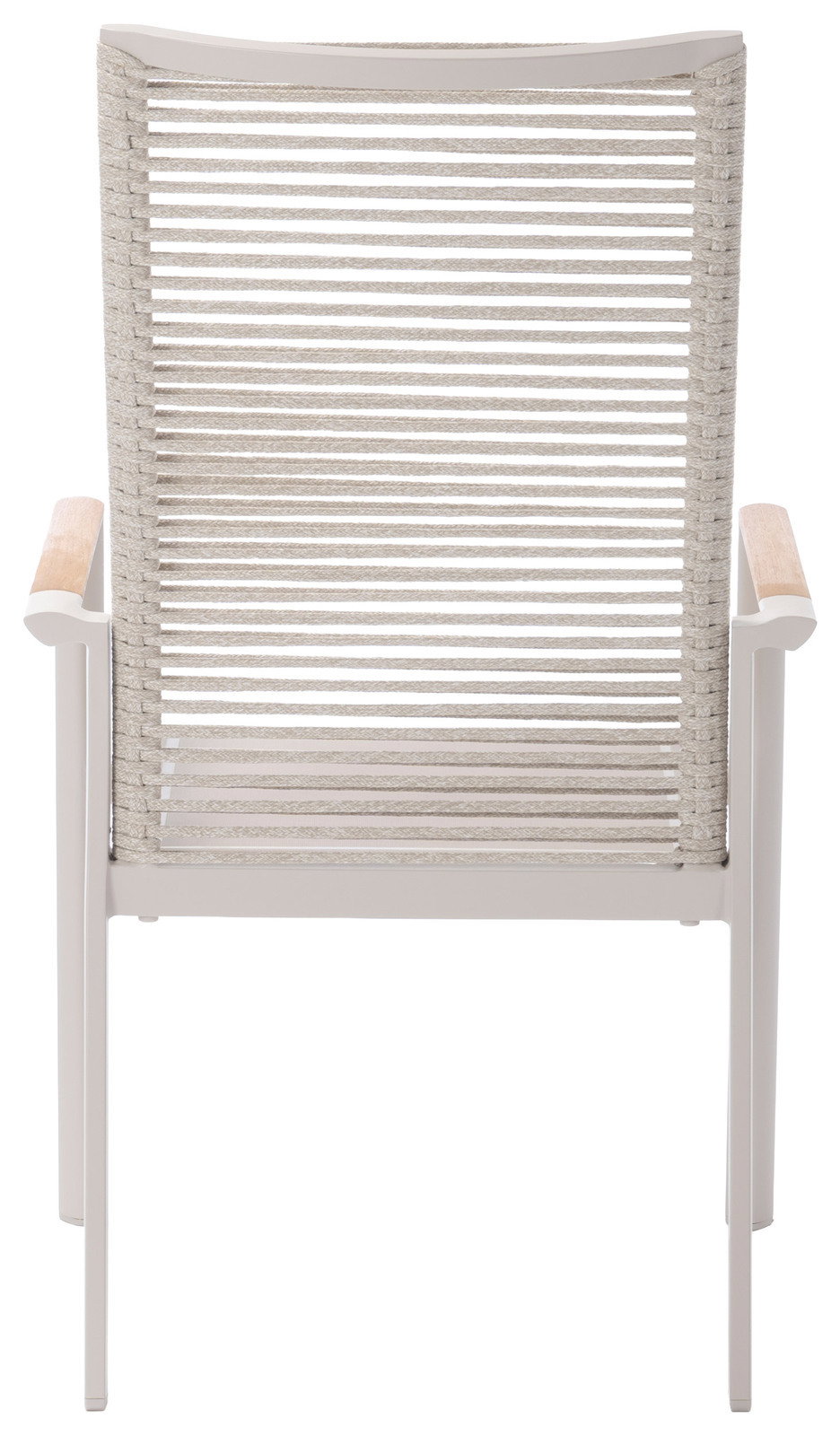 Rückansicht eines hohen Stapelsessels mit hellem, geflochtenem Rücken und Armlehnen aus Holz.