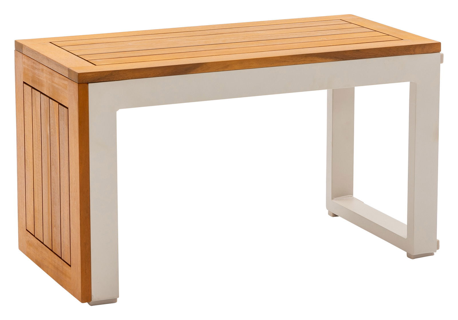 Moderner Gartentisch aus Holz und Metall, seitliche Perspektive