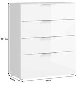Weiße Schubkastenkommode mit vier Schubladen, seitliche Perspektive, Maße 101 cm hoch, 83 cm breit, 42 cm tief