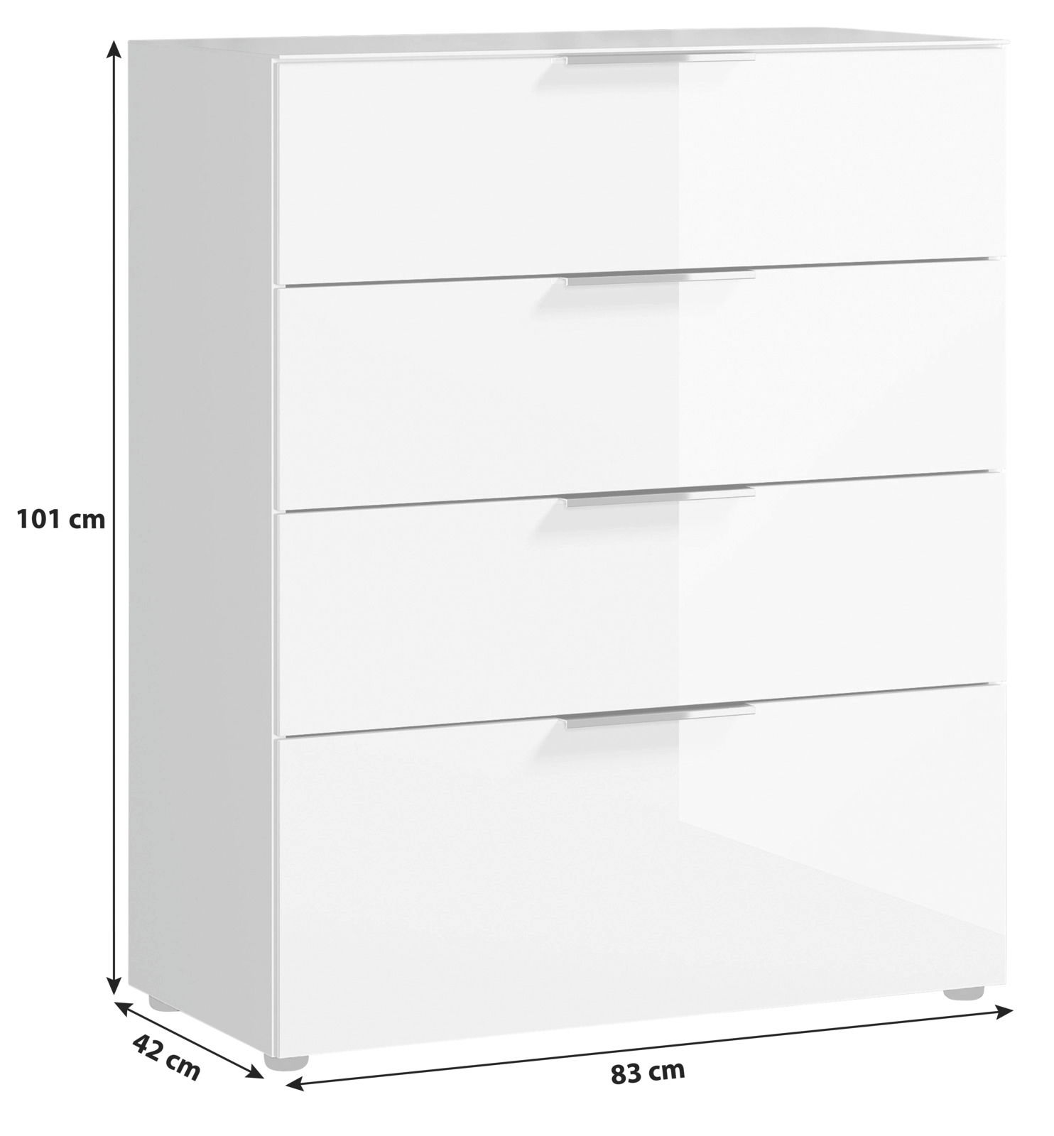Weiße Schubkastenkommode mit vier Schubladen, seitliche Perspektive, Maße 101 cm hoch, 83 cm breit, 42 cm tief