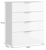 Weiße Schubkastenkommode mit vier Schubladen, seitliche Perspektive, Maße 101 cm hoch, 83 cm breit, 42 cm tief