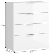 Weiße Schubkastenkommode mit vier Schubladen, seitliche Perspektive, Maße 101 cm hoch, 83 cm breit, 42 cm tief