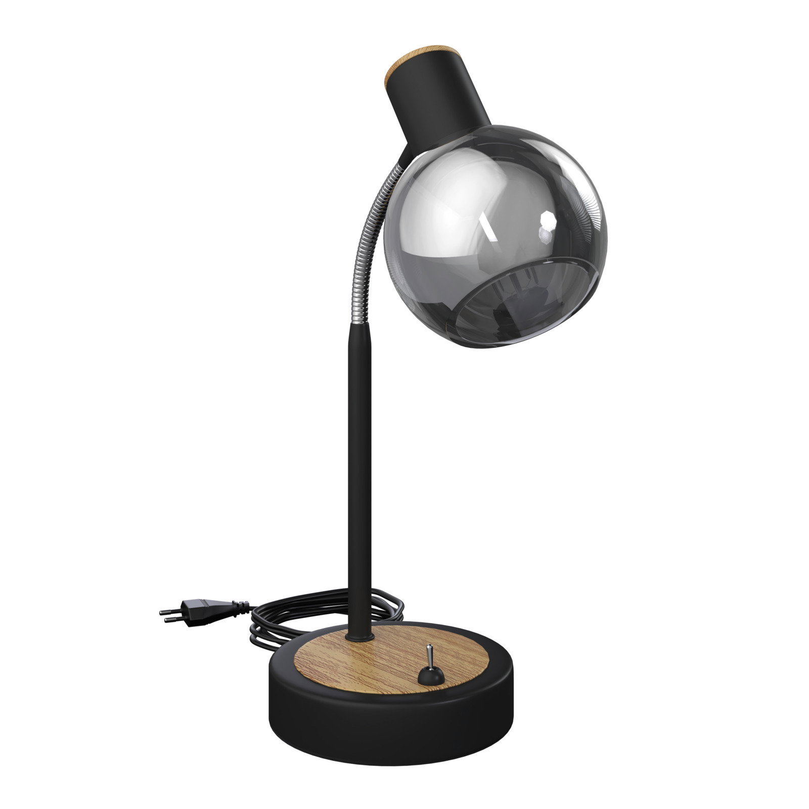 Moderne tafellamp met zwarte voet, flexibele arm en transparante bolvormige lampenkap, zijaanzicht